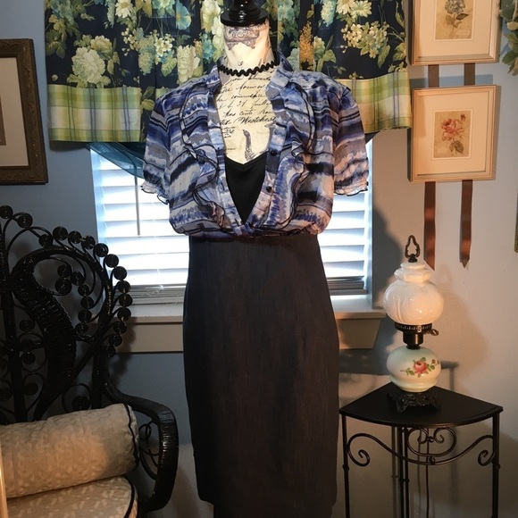 AB Studio short sleeve button front sheer top with denim skirt - Picture 3 of 7